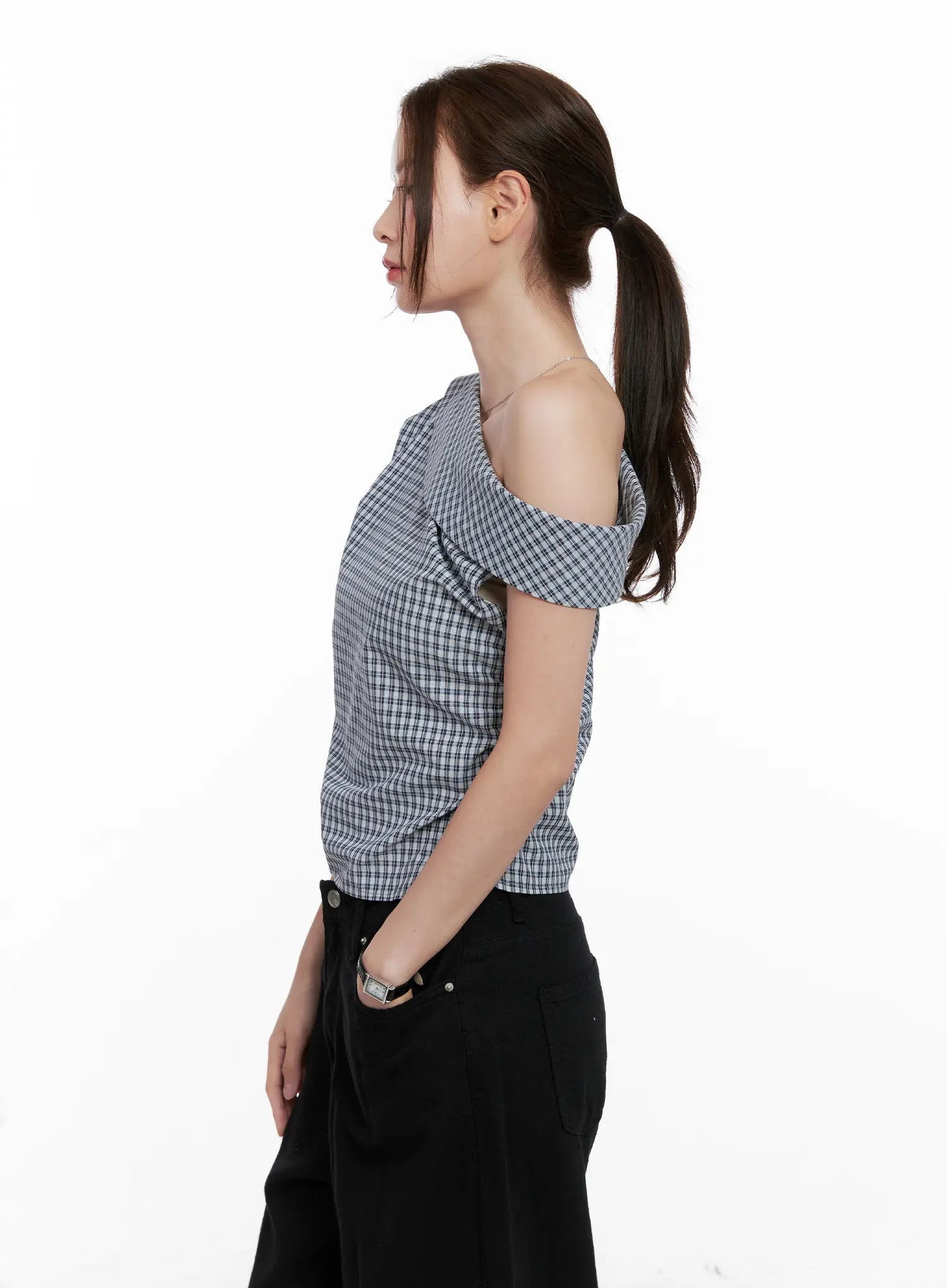 Gingham Off-Shoulder Crop Top CL524