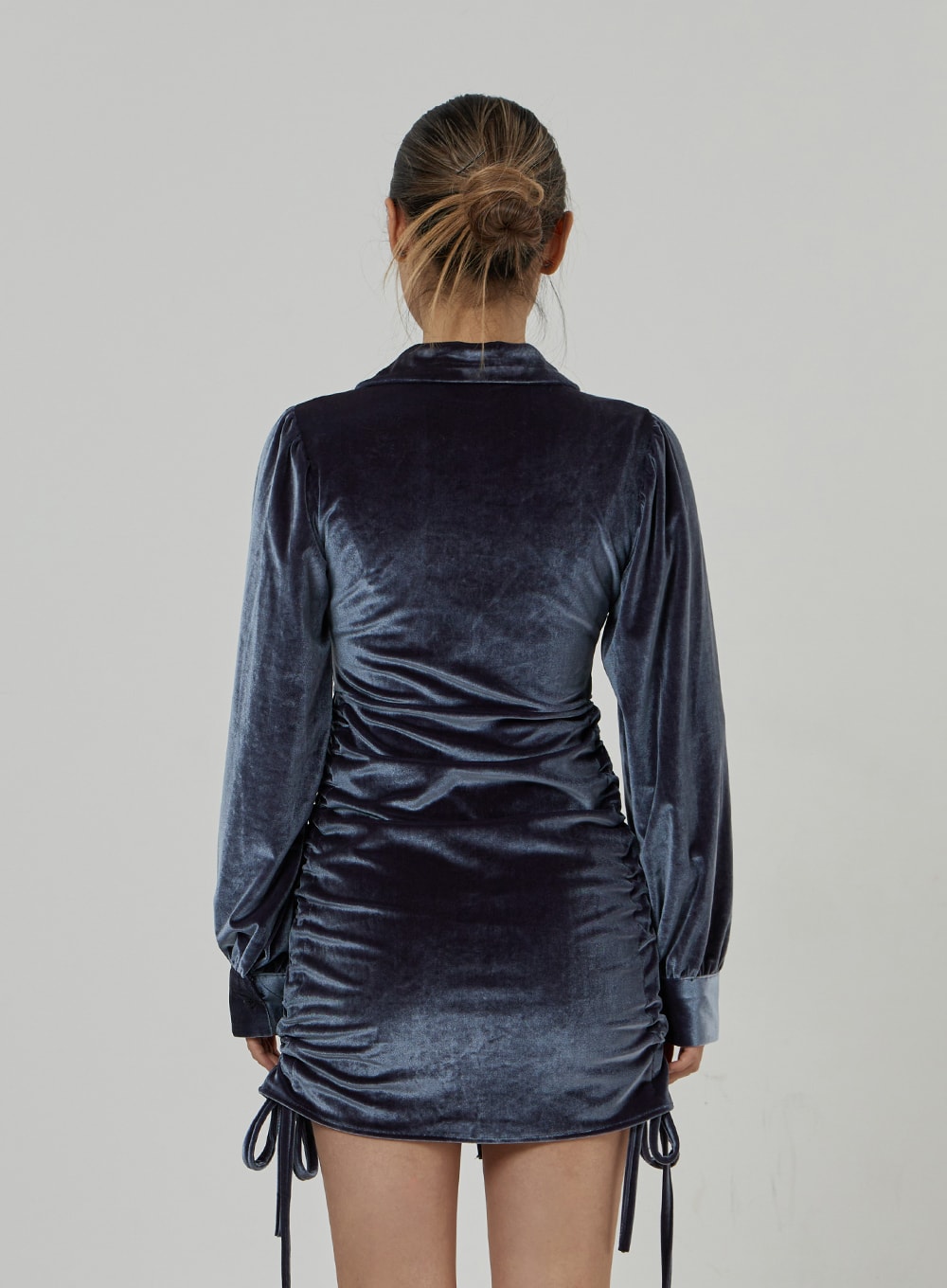 Side Tie Ruching Velvet Long Sleeve Mini Dress CD23