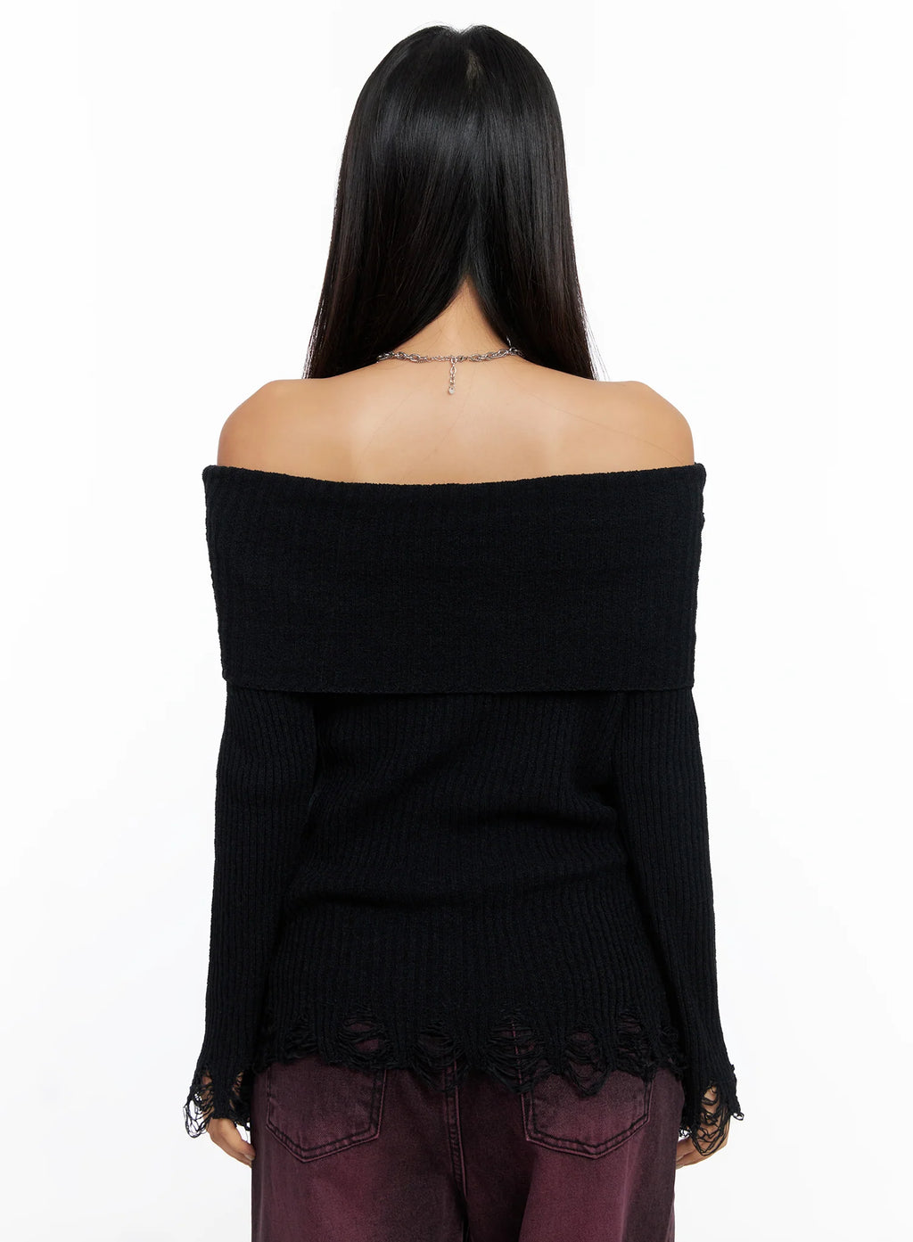 Off-Shoulder Distressed Knit Top CO514