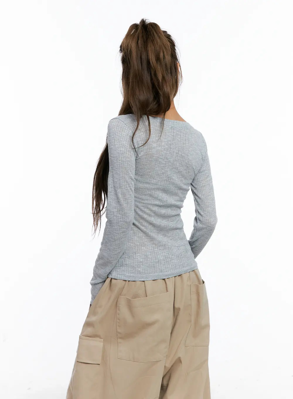 Ribbed Sheer Long-Sleeve Top CL514