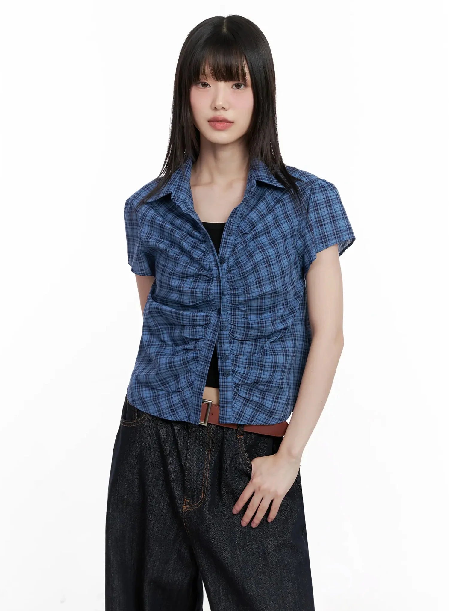 Shirred Plaid Button-up Blouse IL531