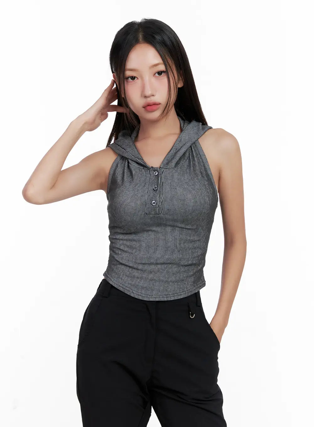 Ribbed Button Hoodie Crop Tank CL518