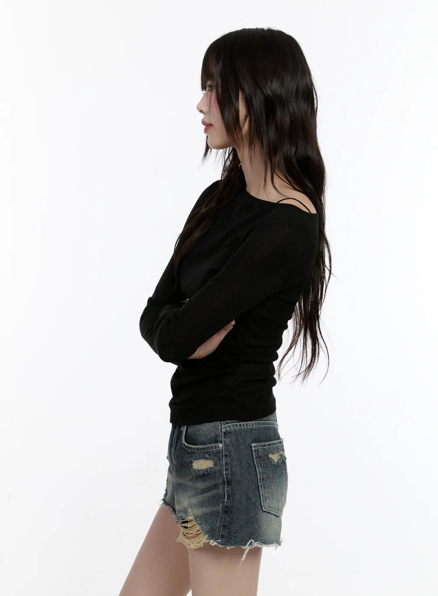 Boat-Neck Sheer Long-Sleeve Top CL507