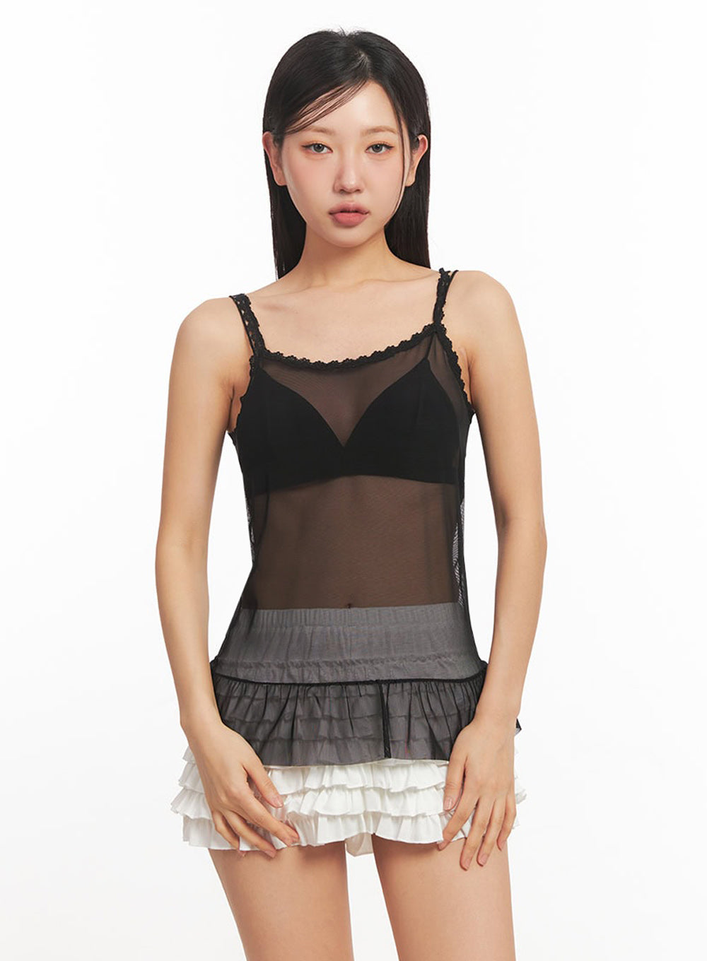 Sheer Frill-Trim Lace Cami Top IA524