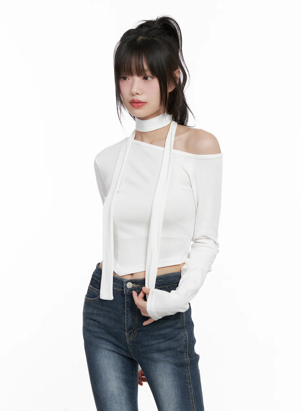 Off Shoulder Scarf Long Sleeve Top CG519
