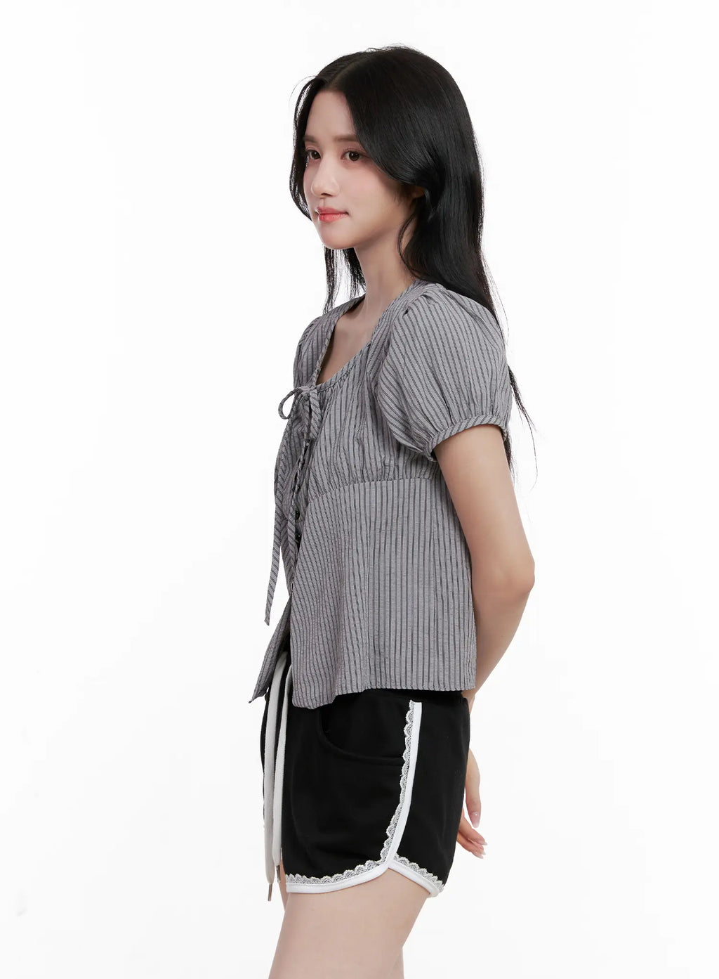 Striped Puff-Sleeve Ribbon Top CL516