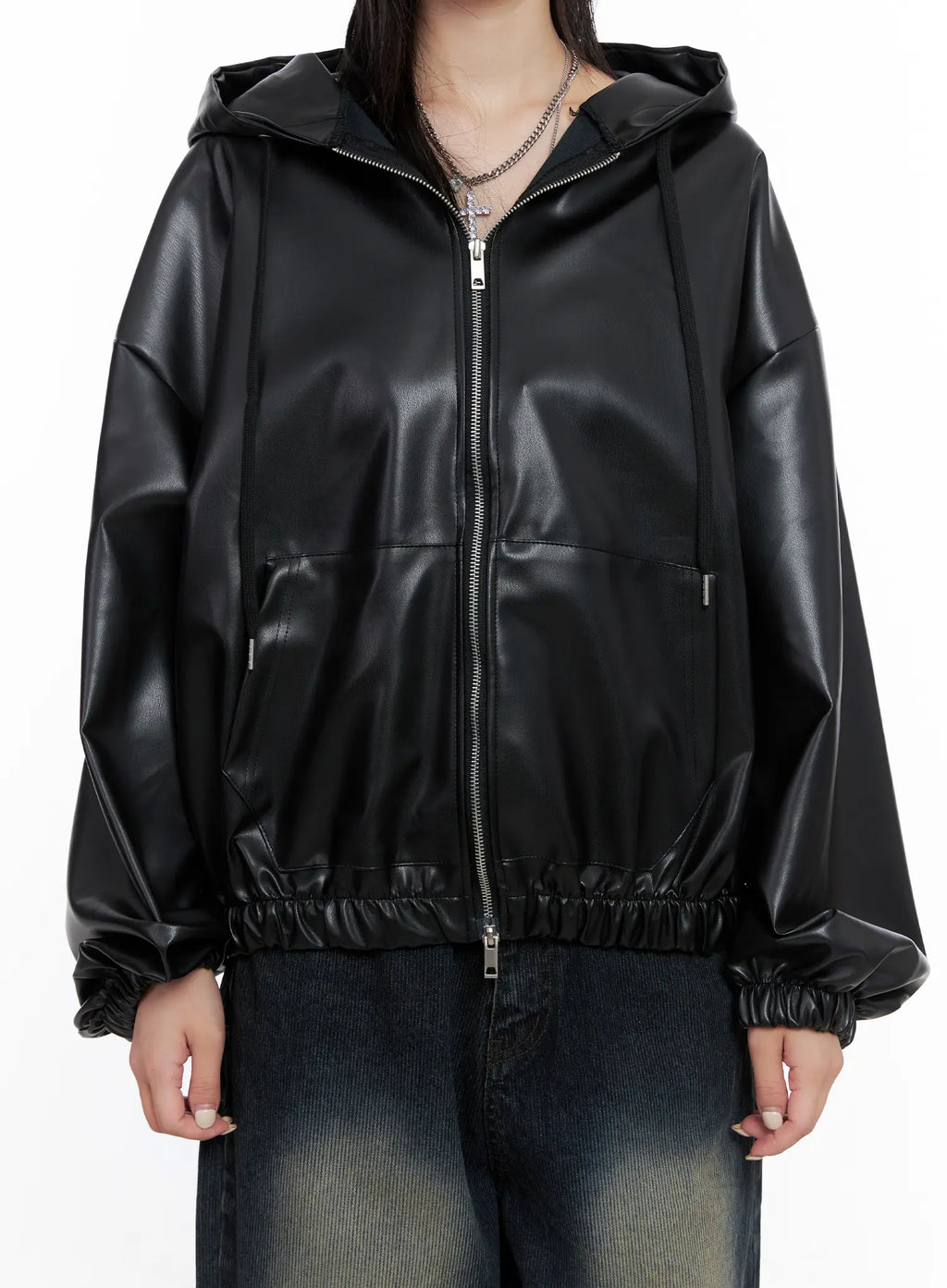 Oversized Hooded Faux Leather Jacket CS510