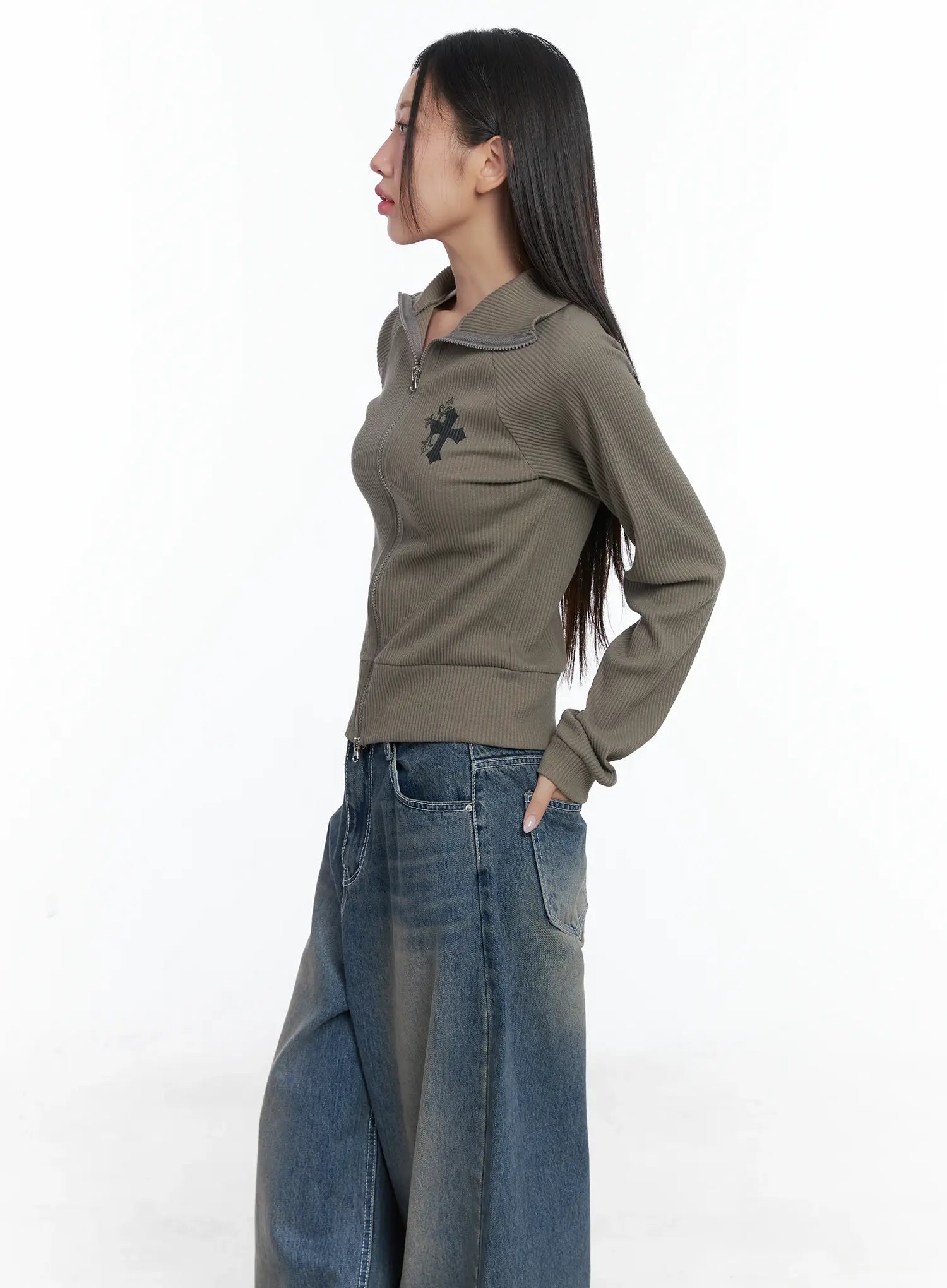 Gothic Print Slim Fit Ribbed Zip-Up Jacket CS503