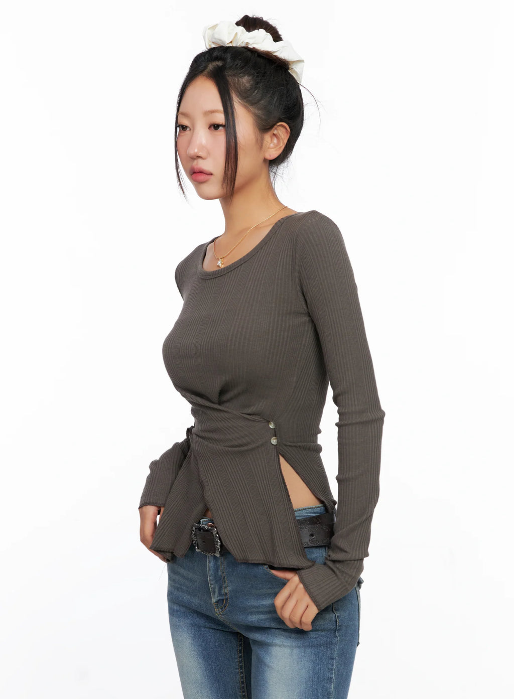 Ribbed U-Neck Button Detail Long Sleeve Top CO514