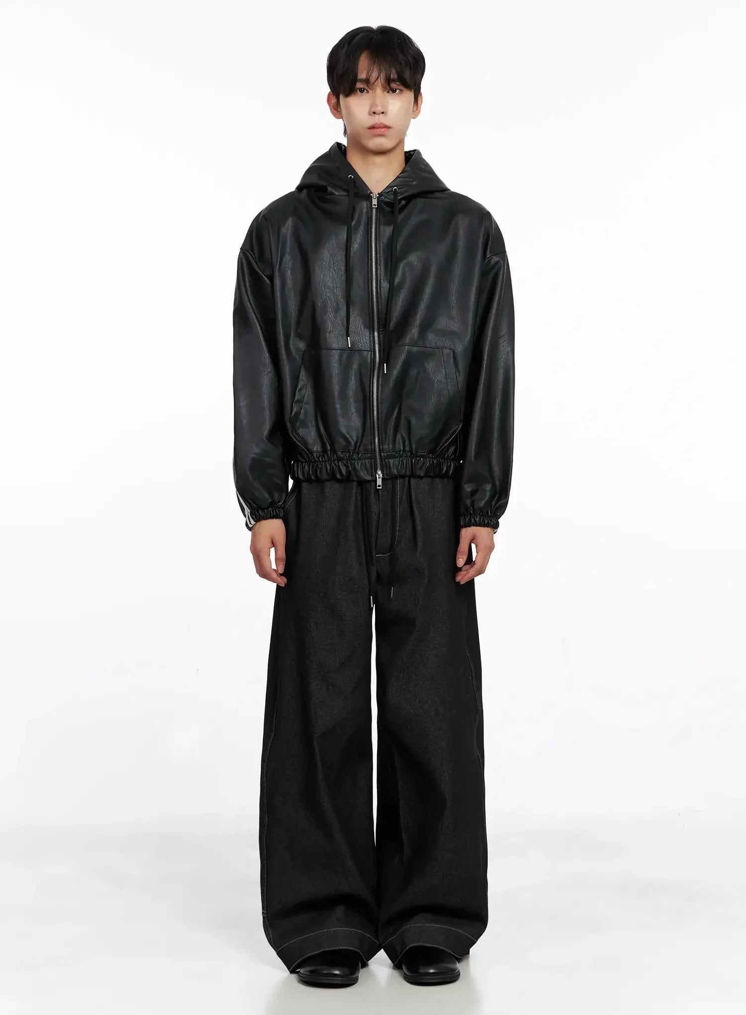 Men's Faux Leather Track Hooded Jacket IO517