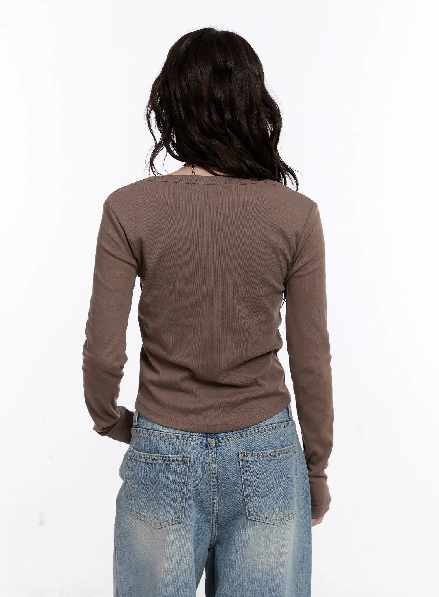 Ribbed U-Neck Eyelet Long Sleeve Top CS530