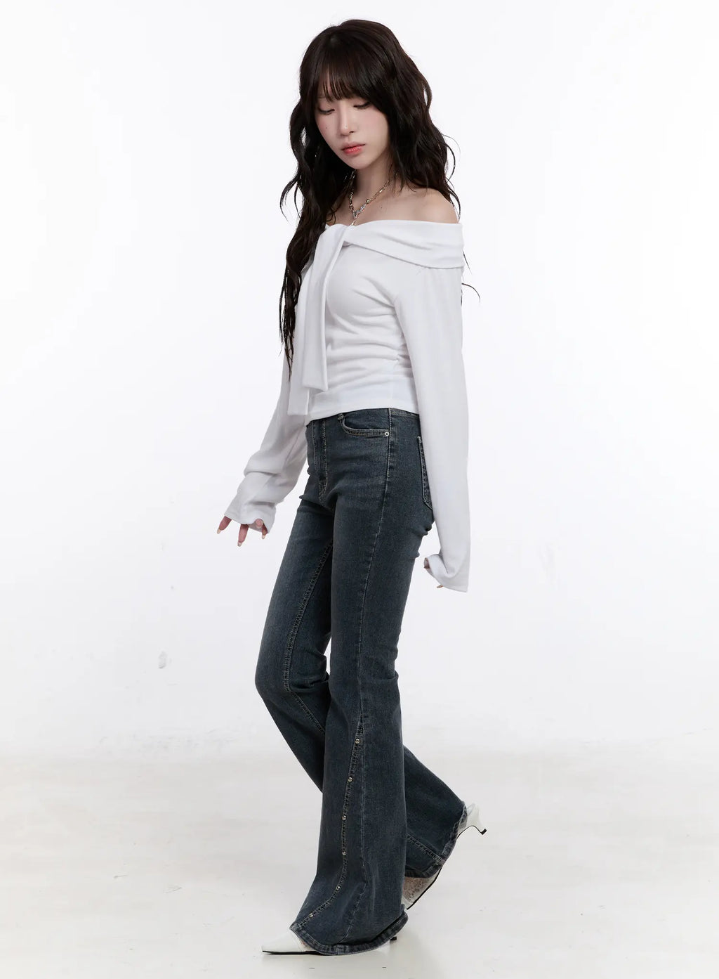 Off-Shoulder Bow Tie Long Sleeve Top CS530