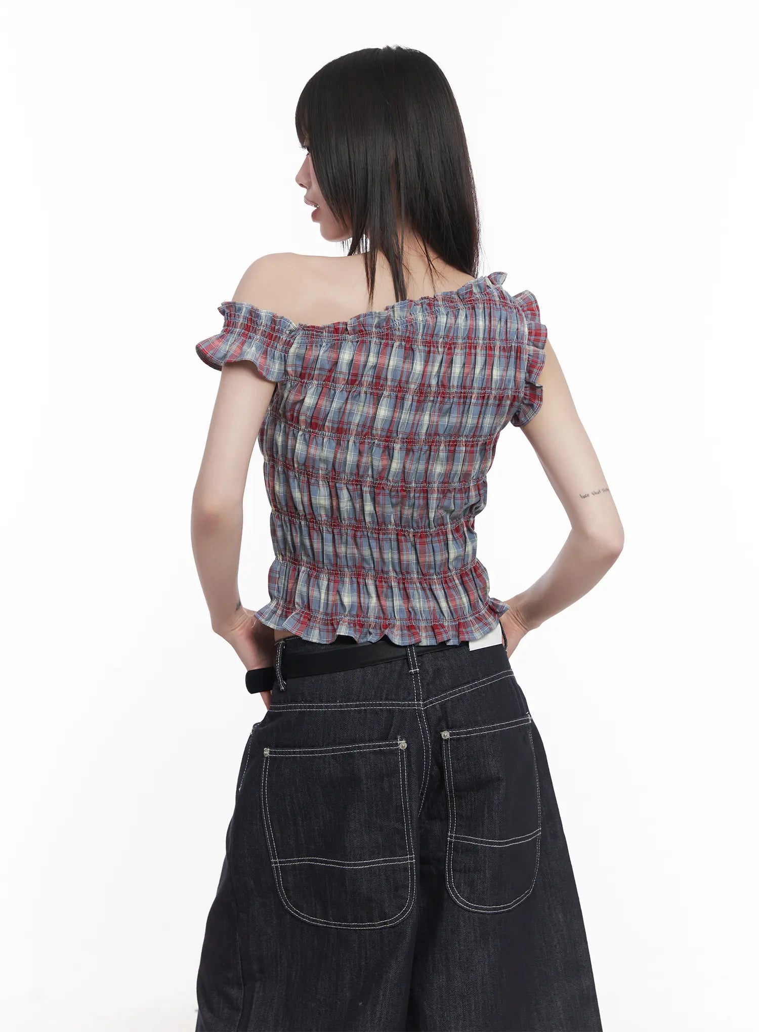 Plaid Frill One-Shoulder Crop Top CU519