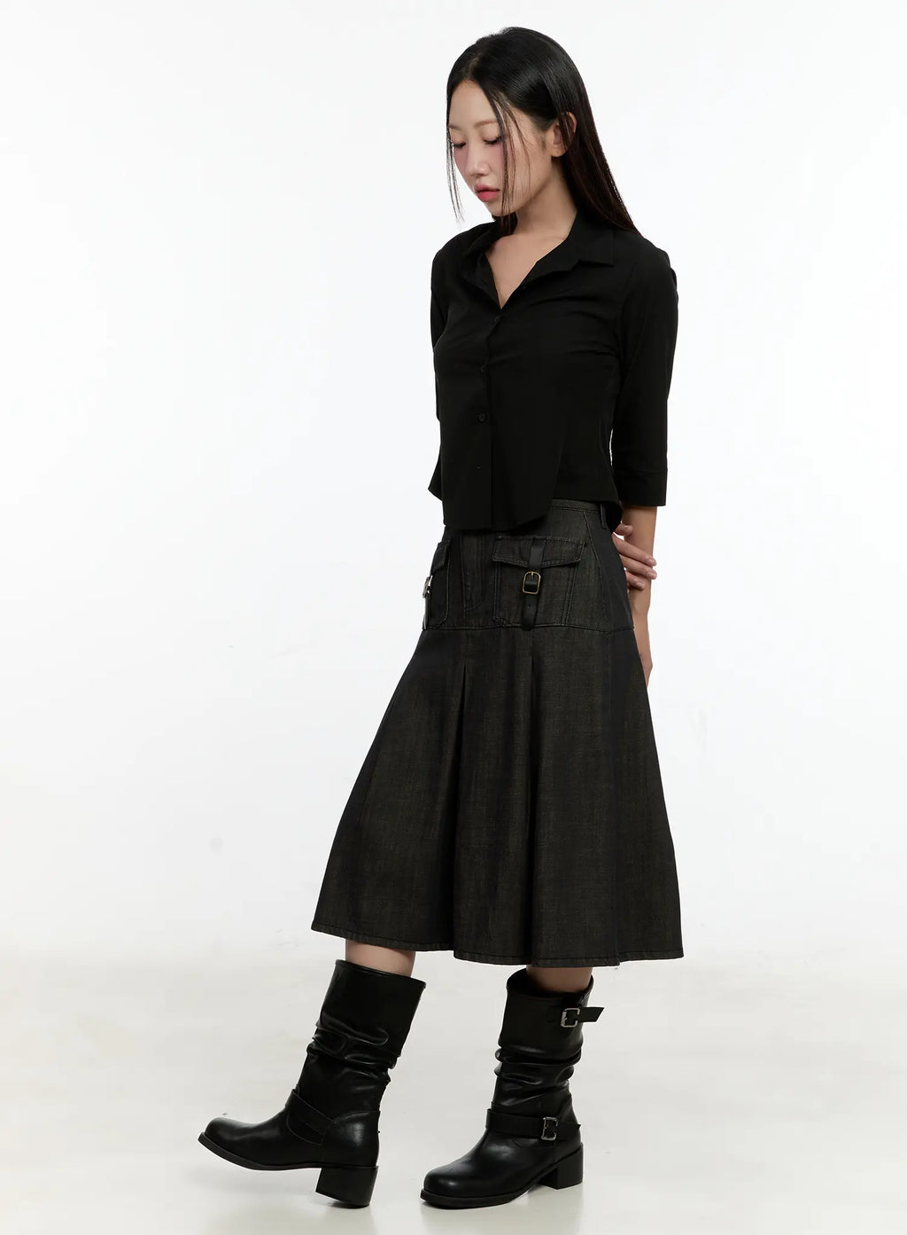 Chic Black Buttoned Half Sleeve Top CL531