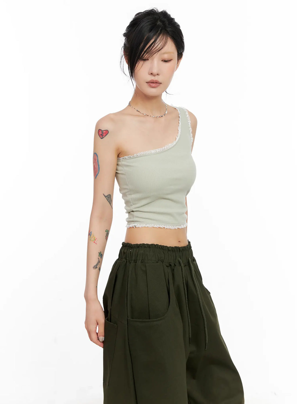 Asymmetric Lace-Trim Ribbed Top CL525