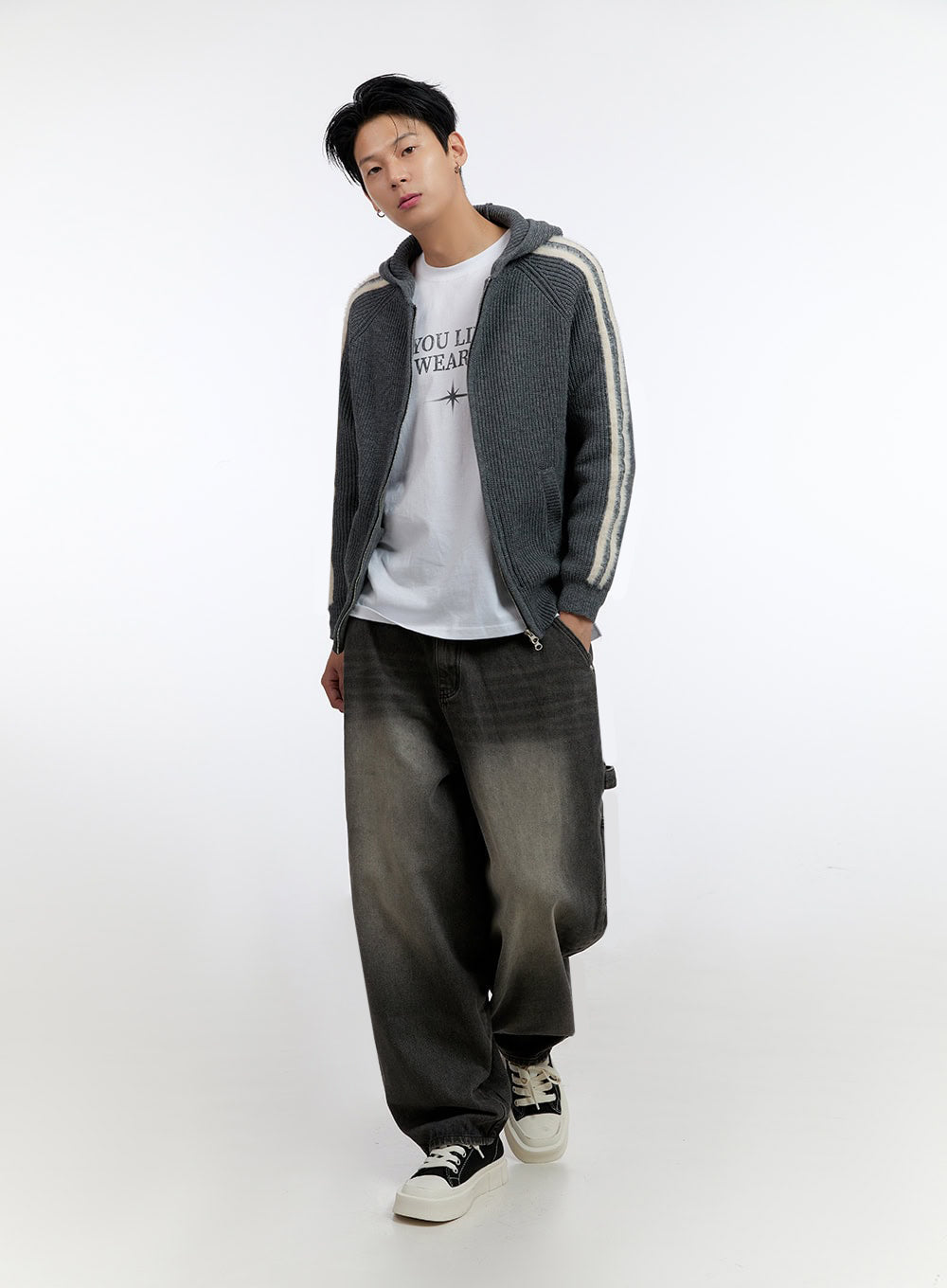 Men's Striped Double Zipper Knit Hoodie IO428