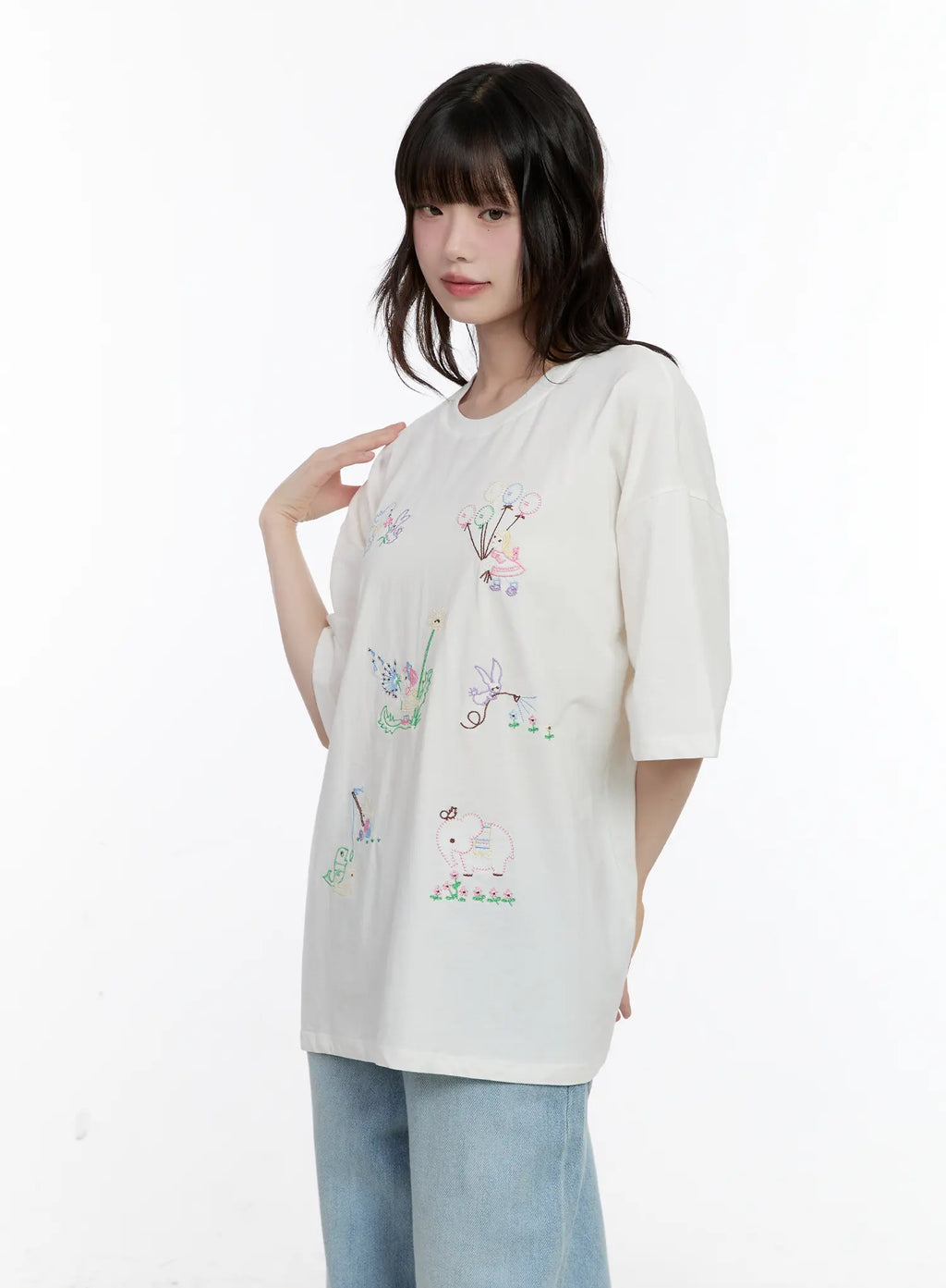 Whimsical Embroidered Oversized T-Shirt CL507