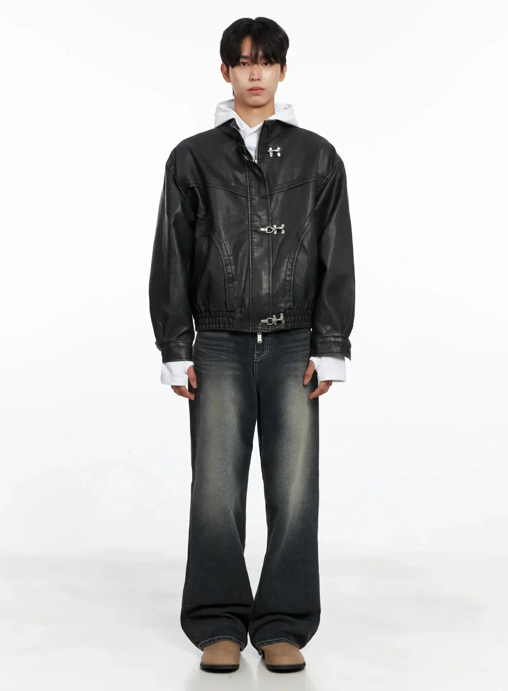 Men's Faux Leather Toggle Buckle Jacket IO517