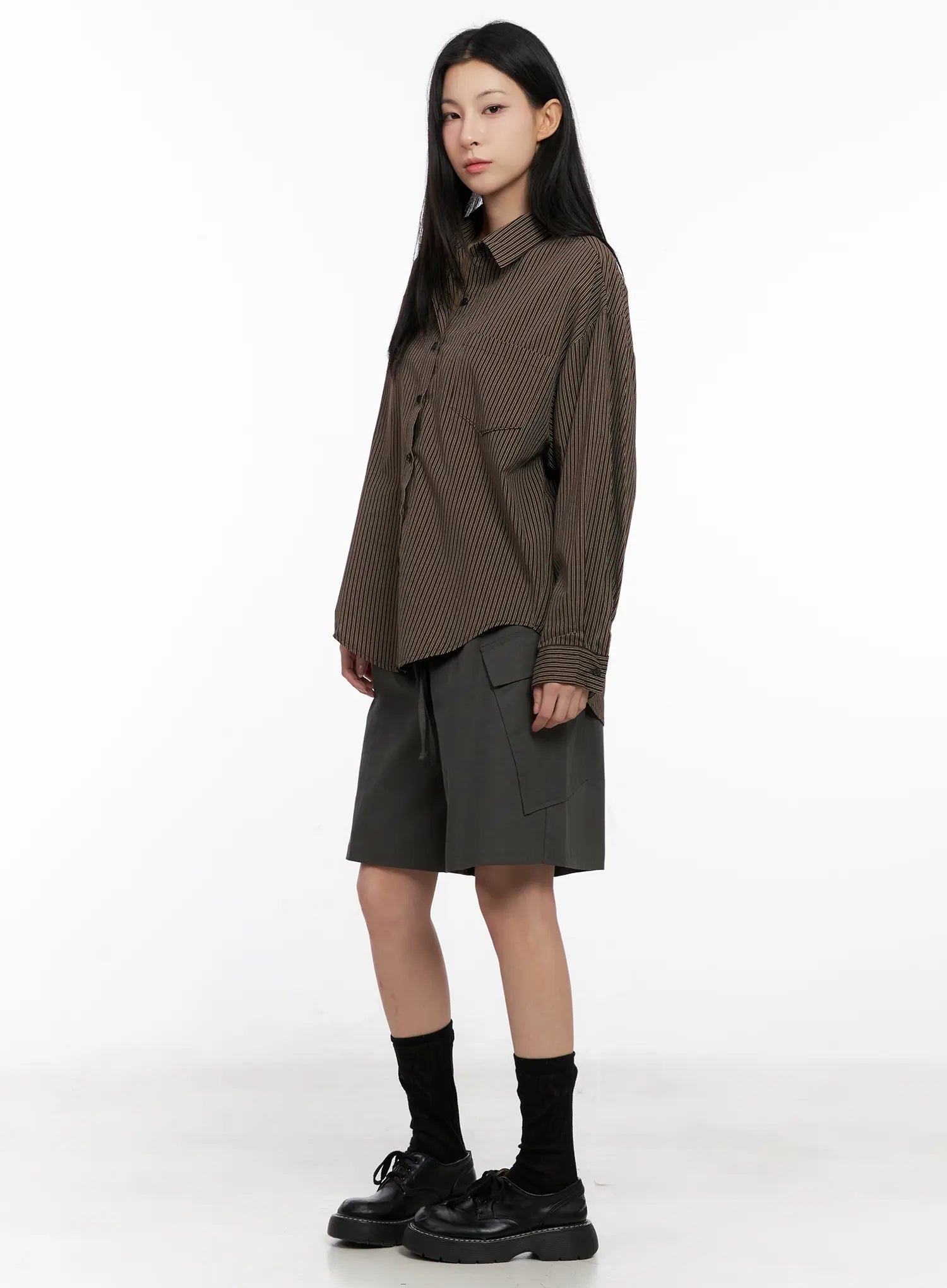 Relaxed Fit Striped Button-Up Long Sleeve Shirt CG526