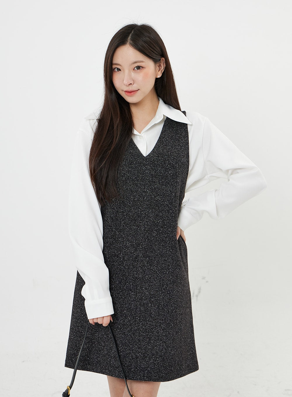 Mixed Color V-Neck Wool Dress BO21