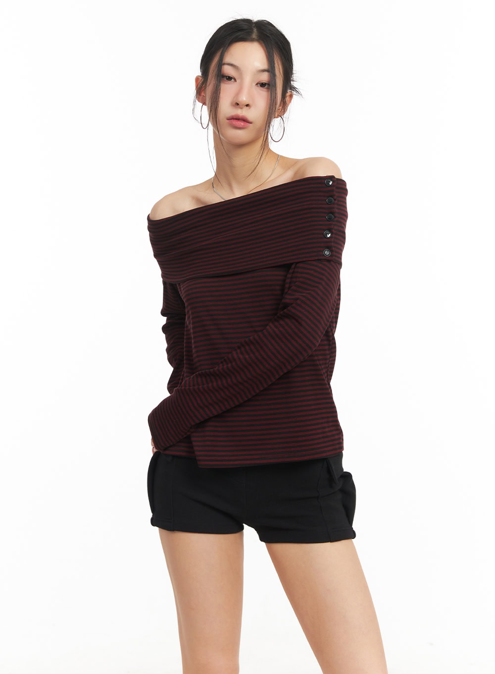 Striped Long-Sleeve Off-Shoulder Top CM503