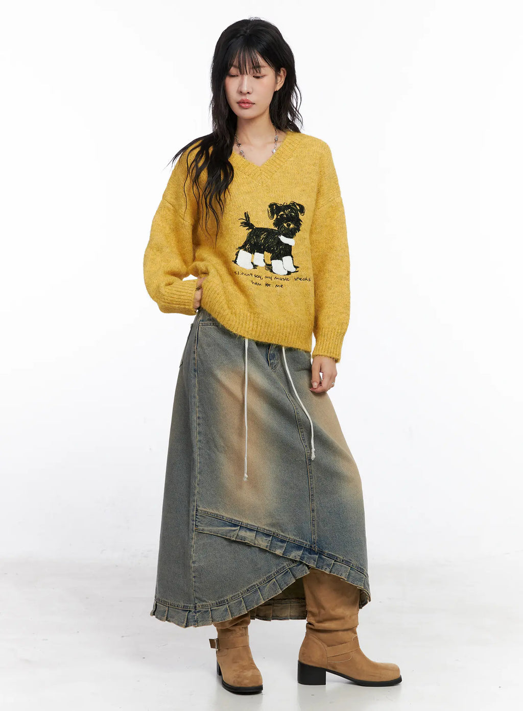 Asymmetric Ruffled Denim Maxi Skirt CO507