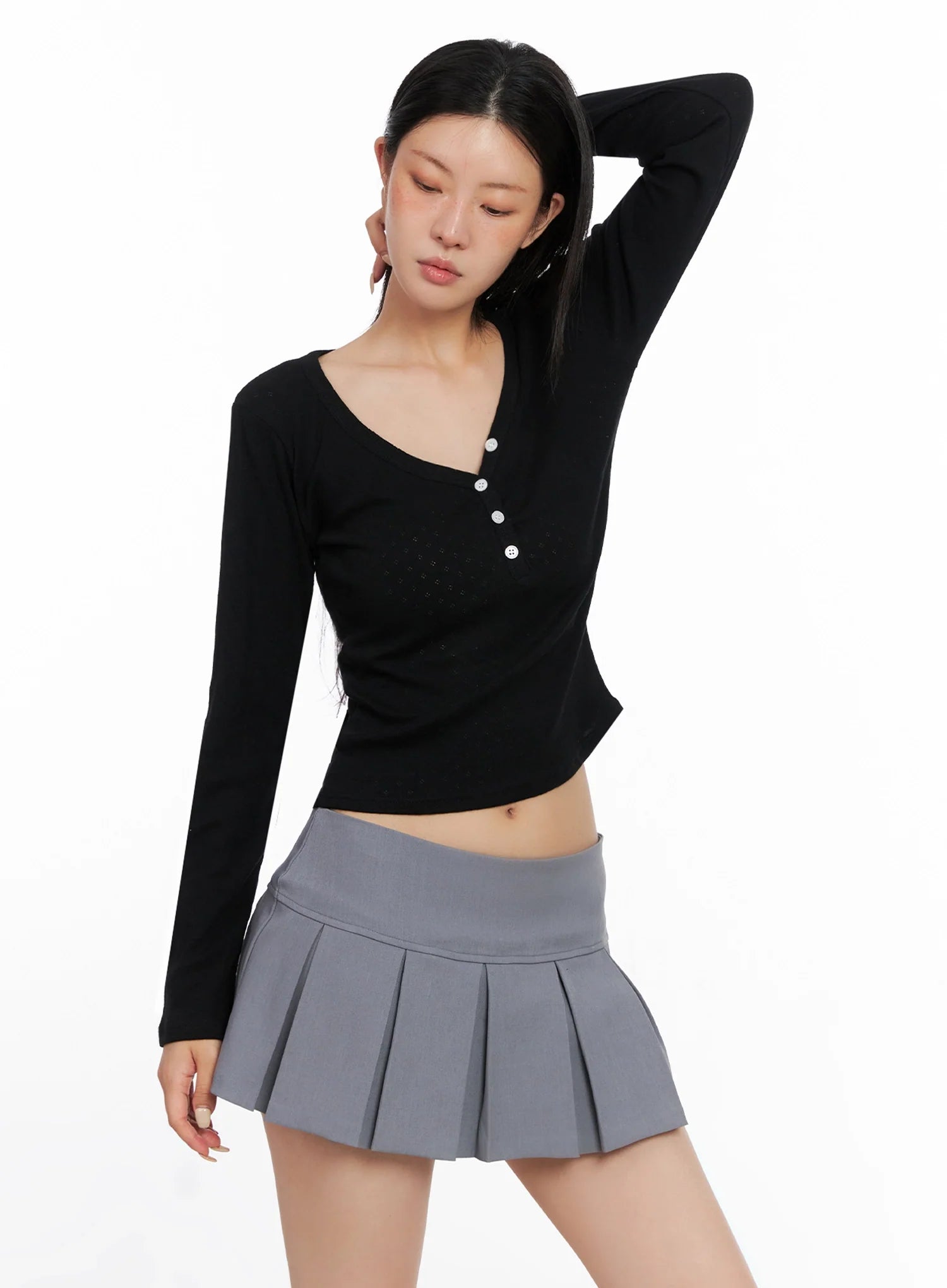 V-Neck Eyelet Long Sleeve Top IS515