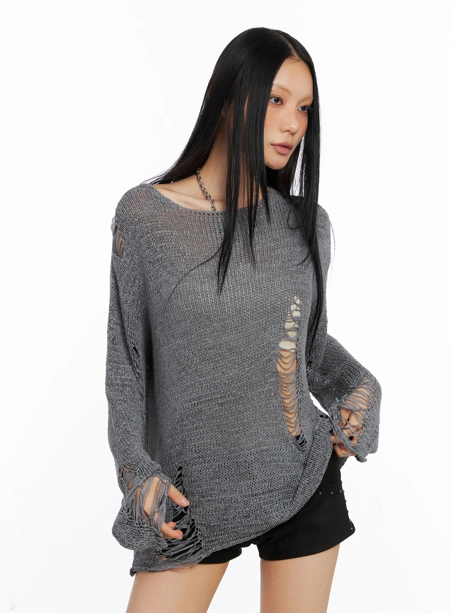 Loose Fit Distressed Knit Sweater CS511