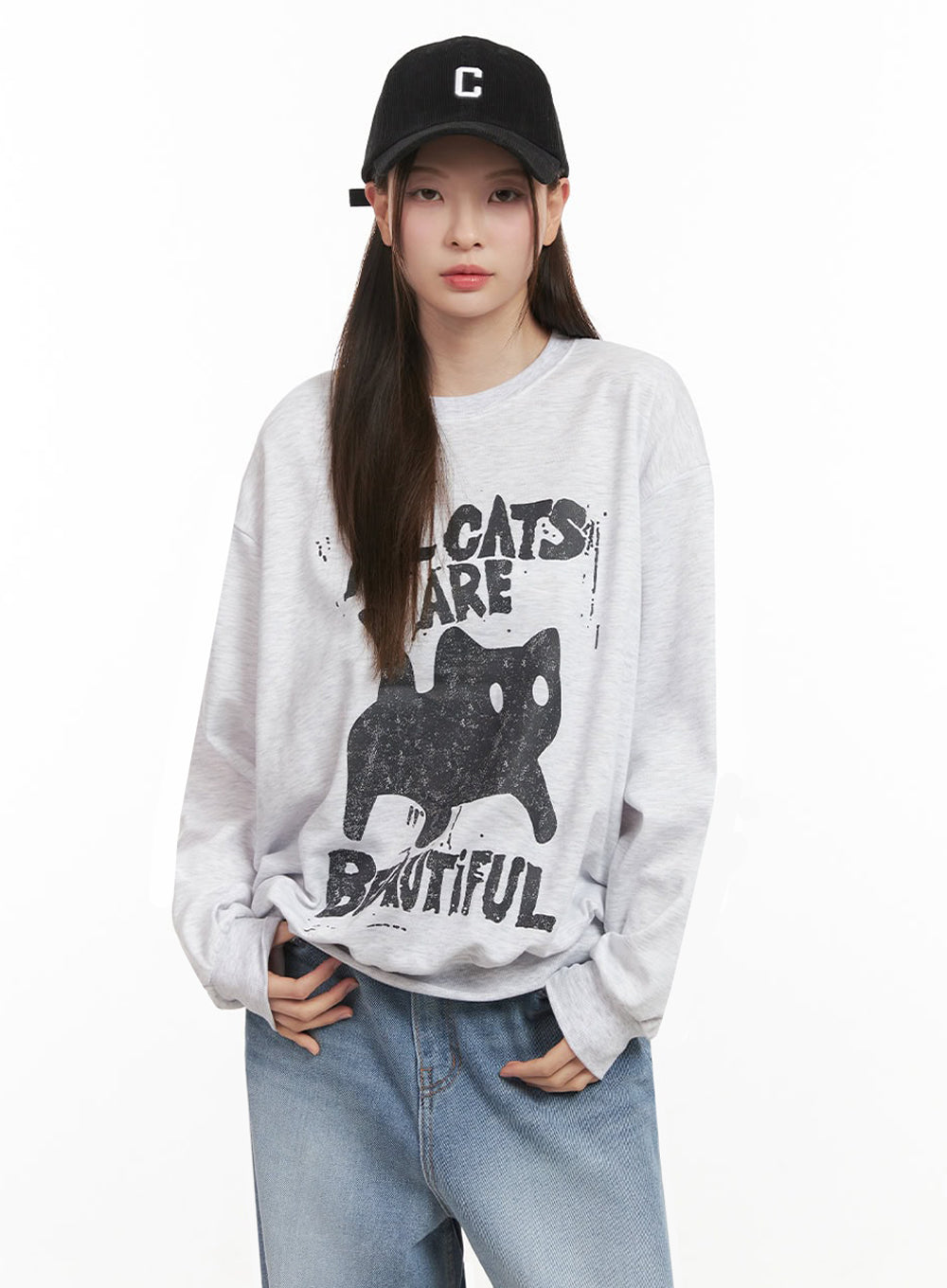 Oversized Cat Graphic Crew Neck IJ527
