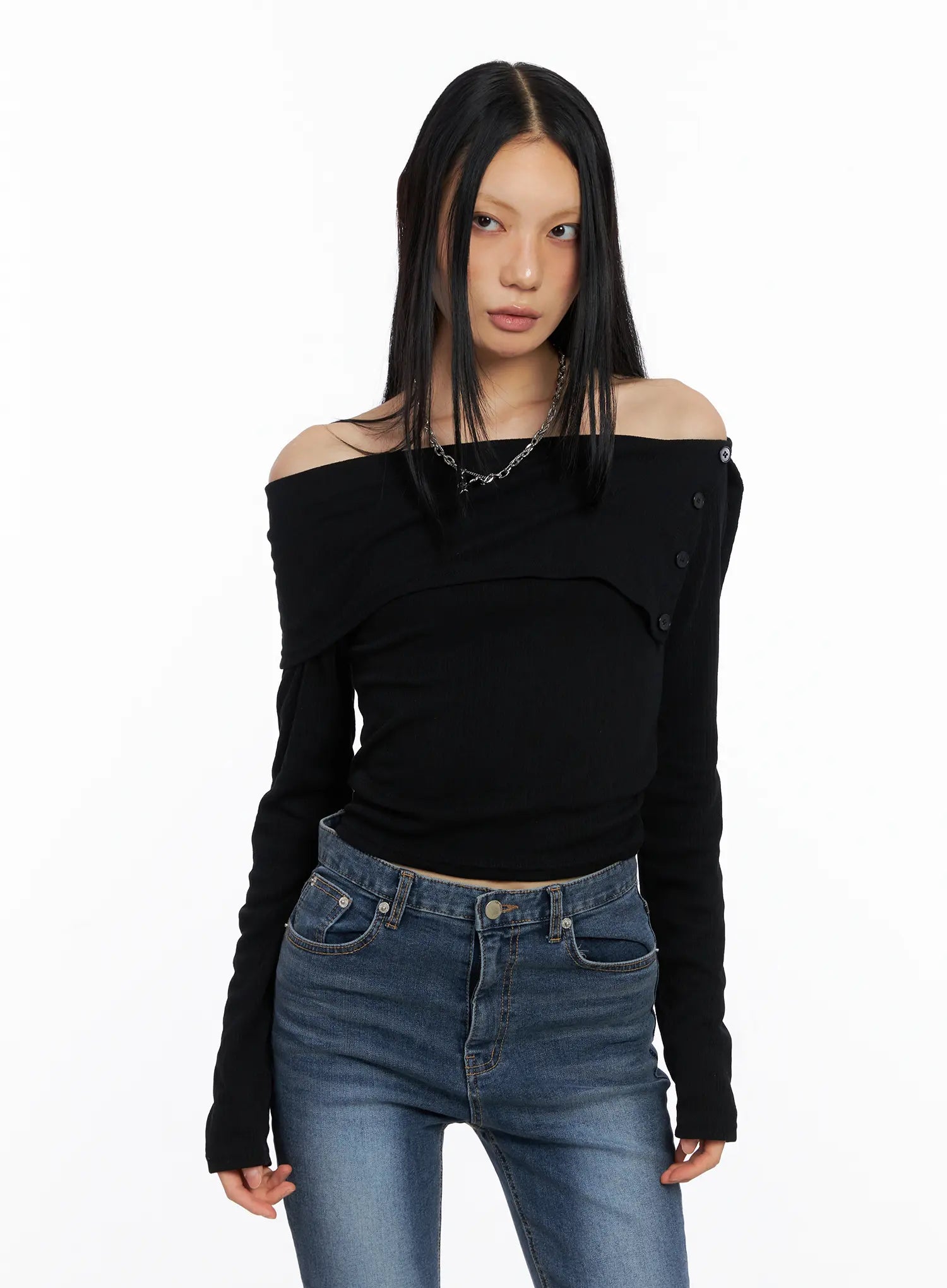 Side-Button Off-Shoulder Long Sleeve CS509