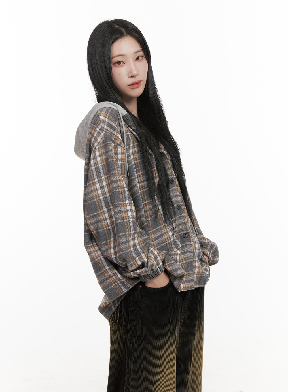 Buttoned Check Hooded Blouse CD410