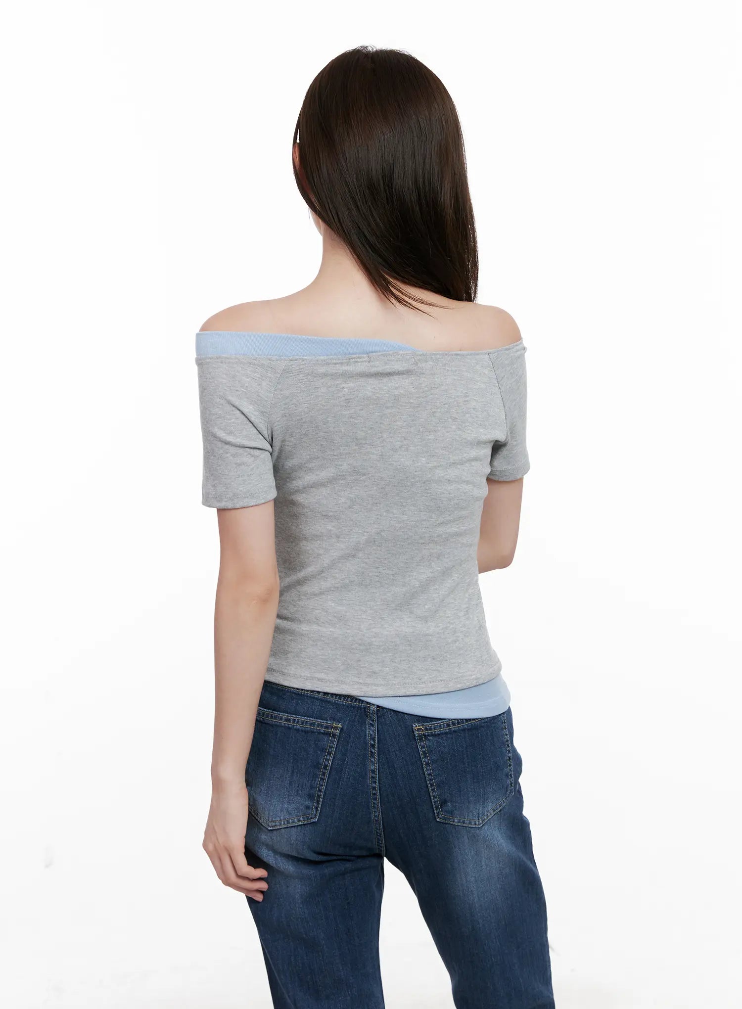 Contrast Off-Shoulder Short-Sleeve Tee CL524