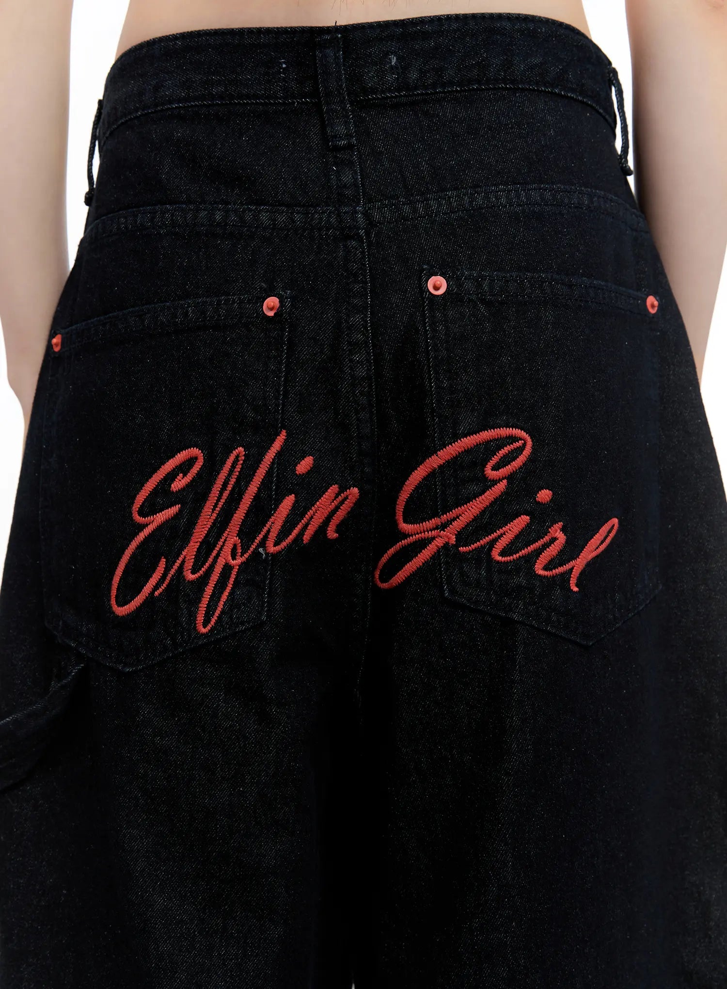 Red Text Graphic Embroidered Jorts CL504