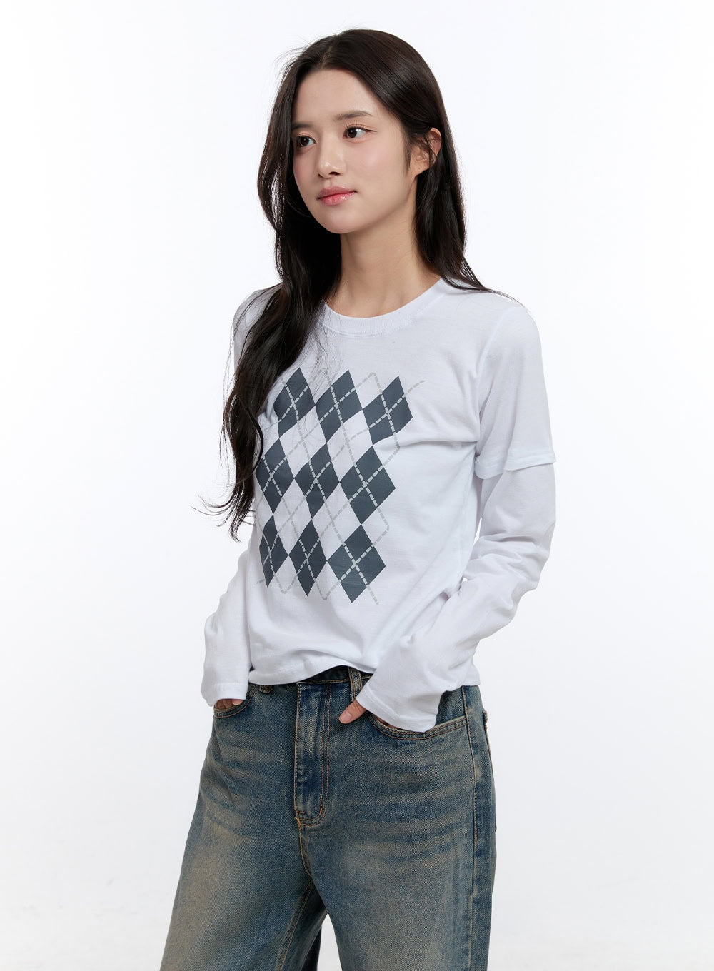 Argyle Print Long Sleeve Top ON418