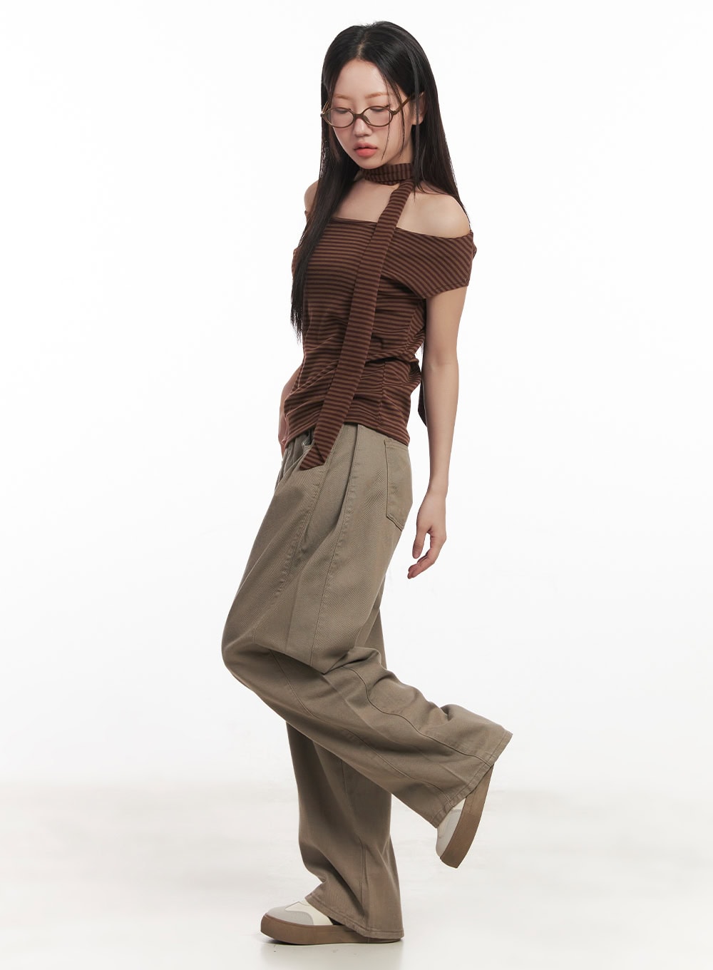 Stripe Off-Shoulder Top with Scarf CA521