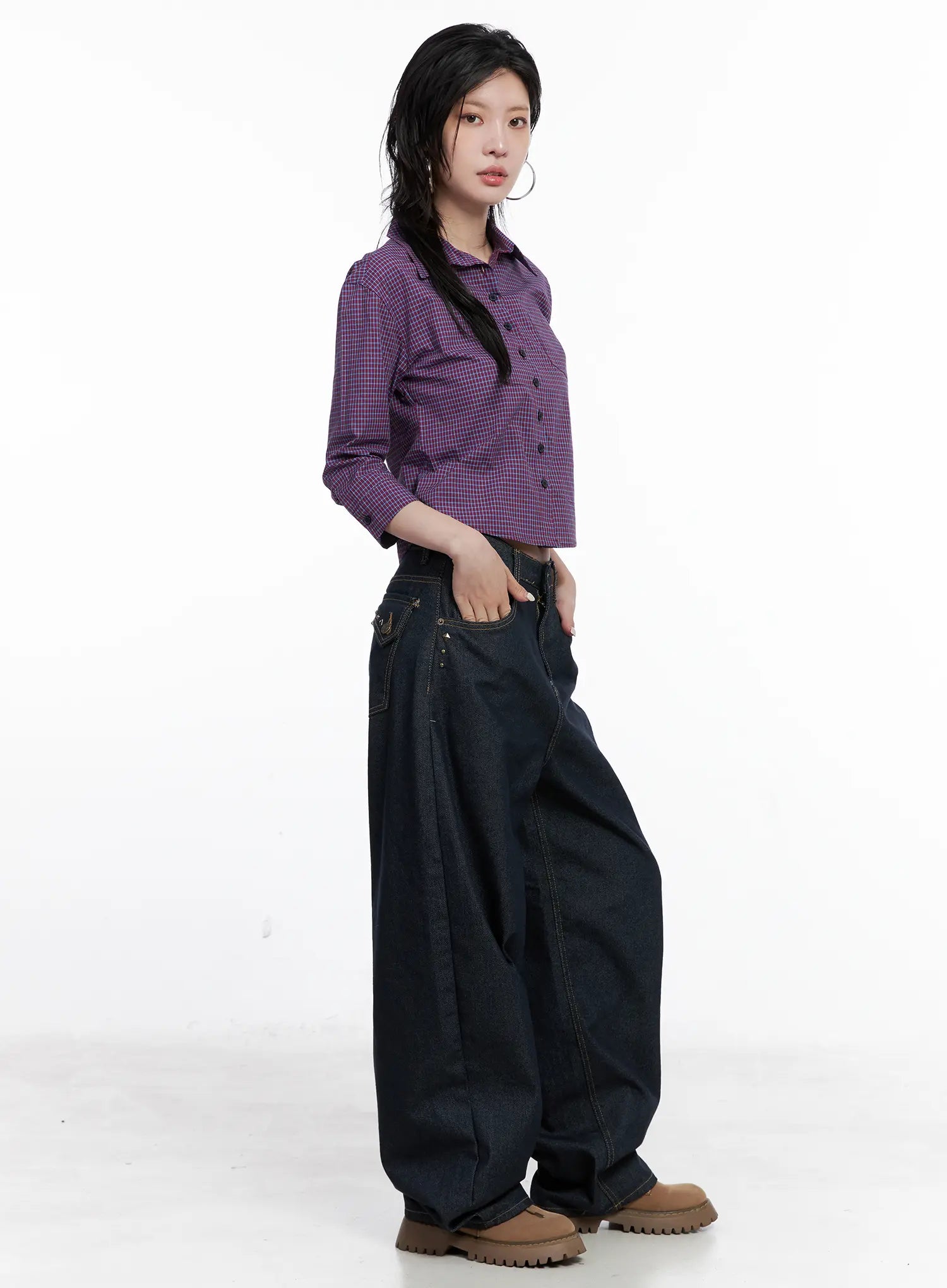 Cropped Plaid Button Up Shirt CS512