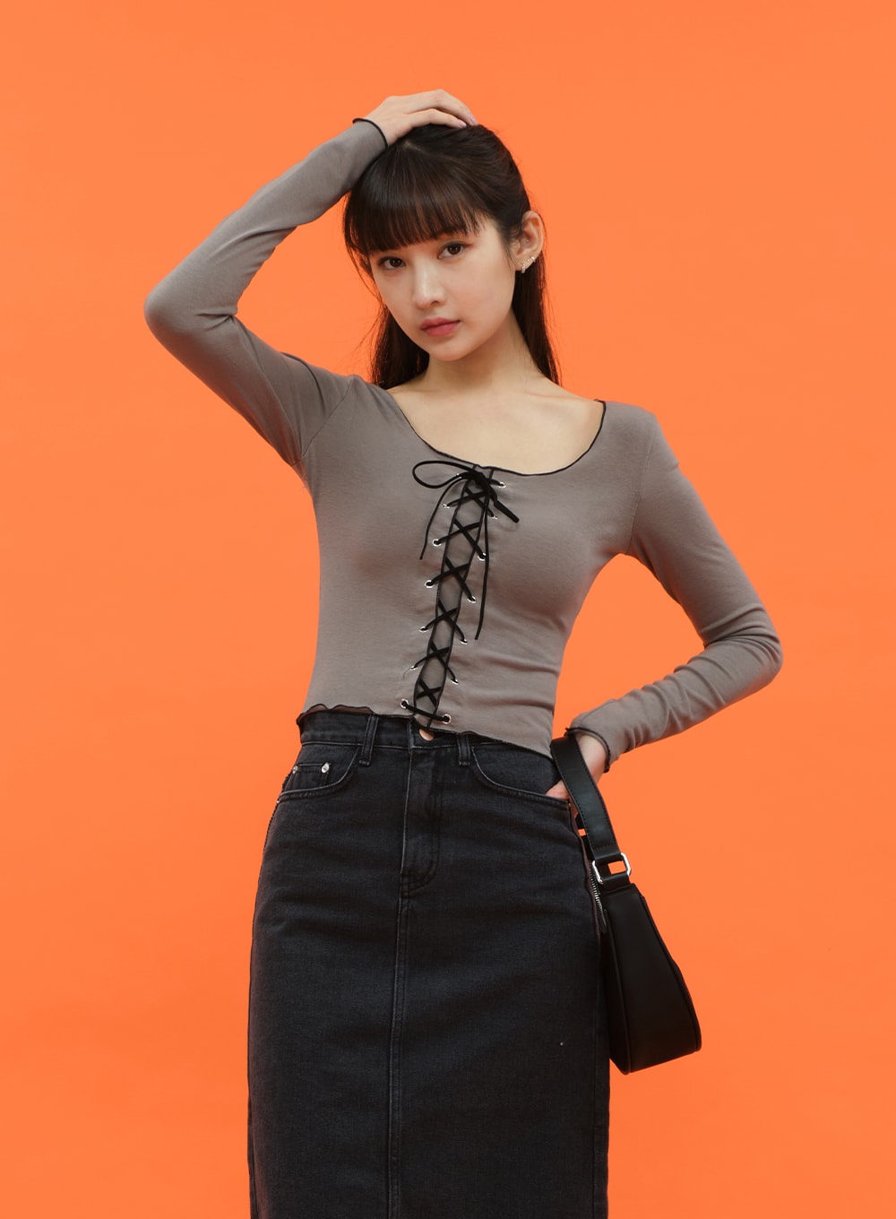 Cropped Long Sleeve Top with Front Lace Detail C1703