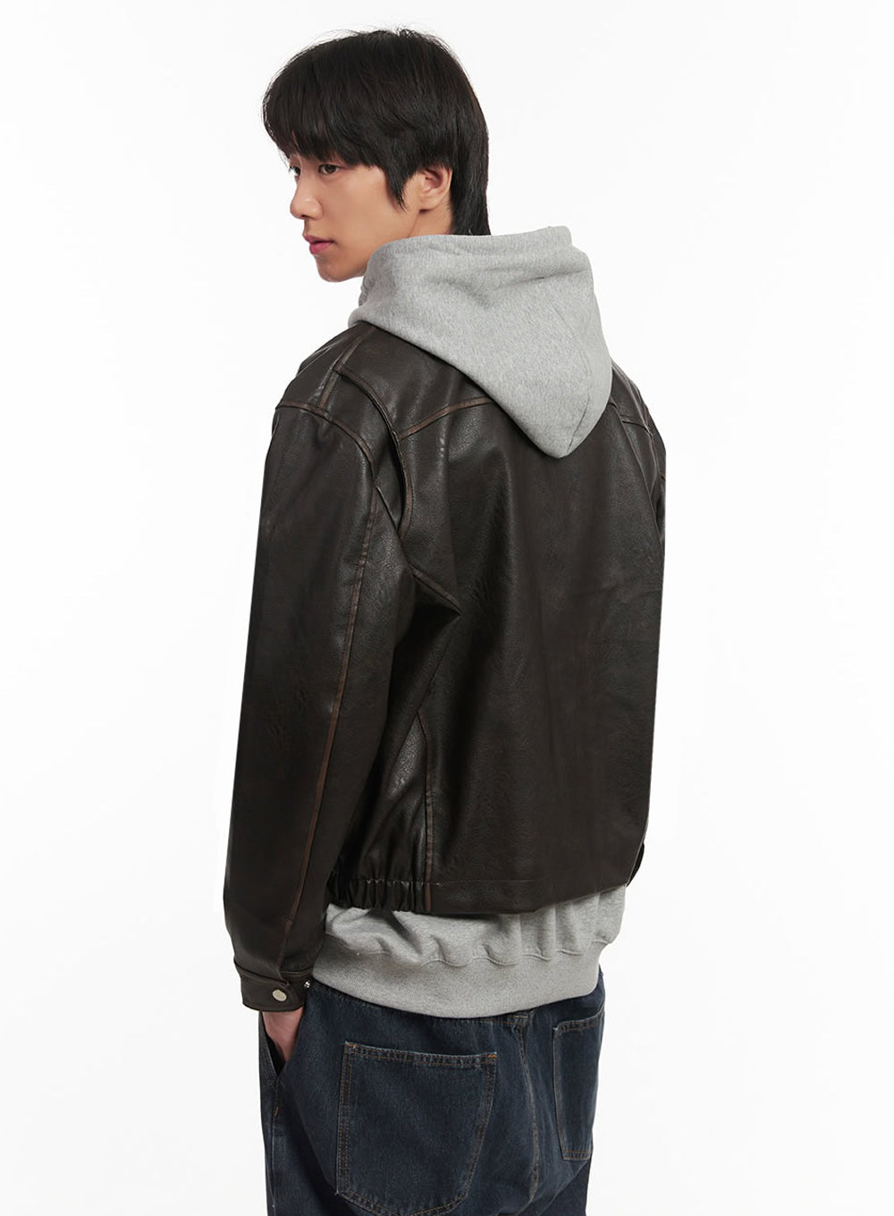 Men's Vintage Faux-Leather Collared Jacket IA510