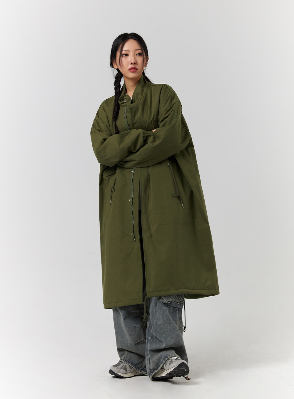 Collar Solid Zipper Drawstring Long Jacket CD328