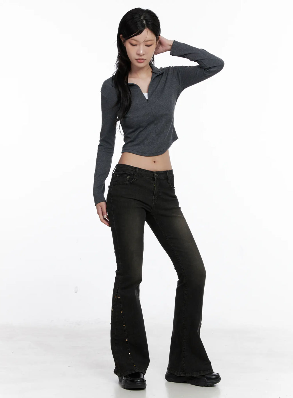 Slim Crop Half Neck Zip-Up Long Sleeve Tee CS512