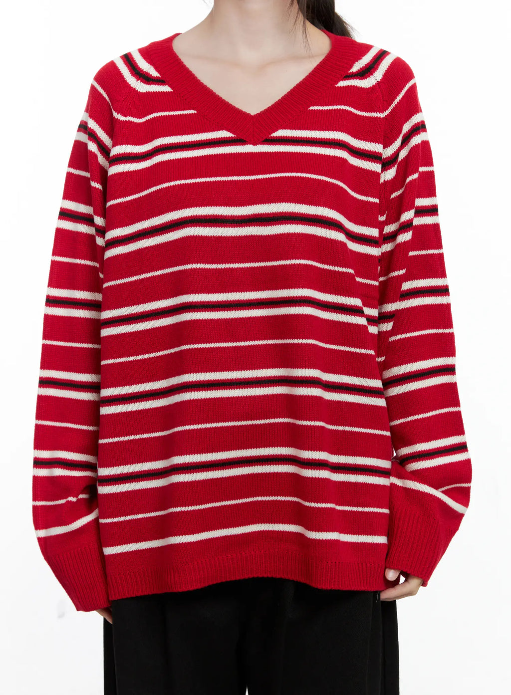 Oversized V-Neck Striped Knit Sweater CO503