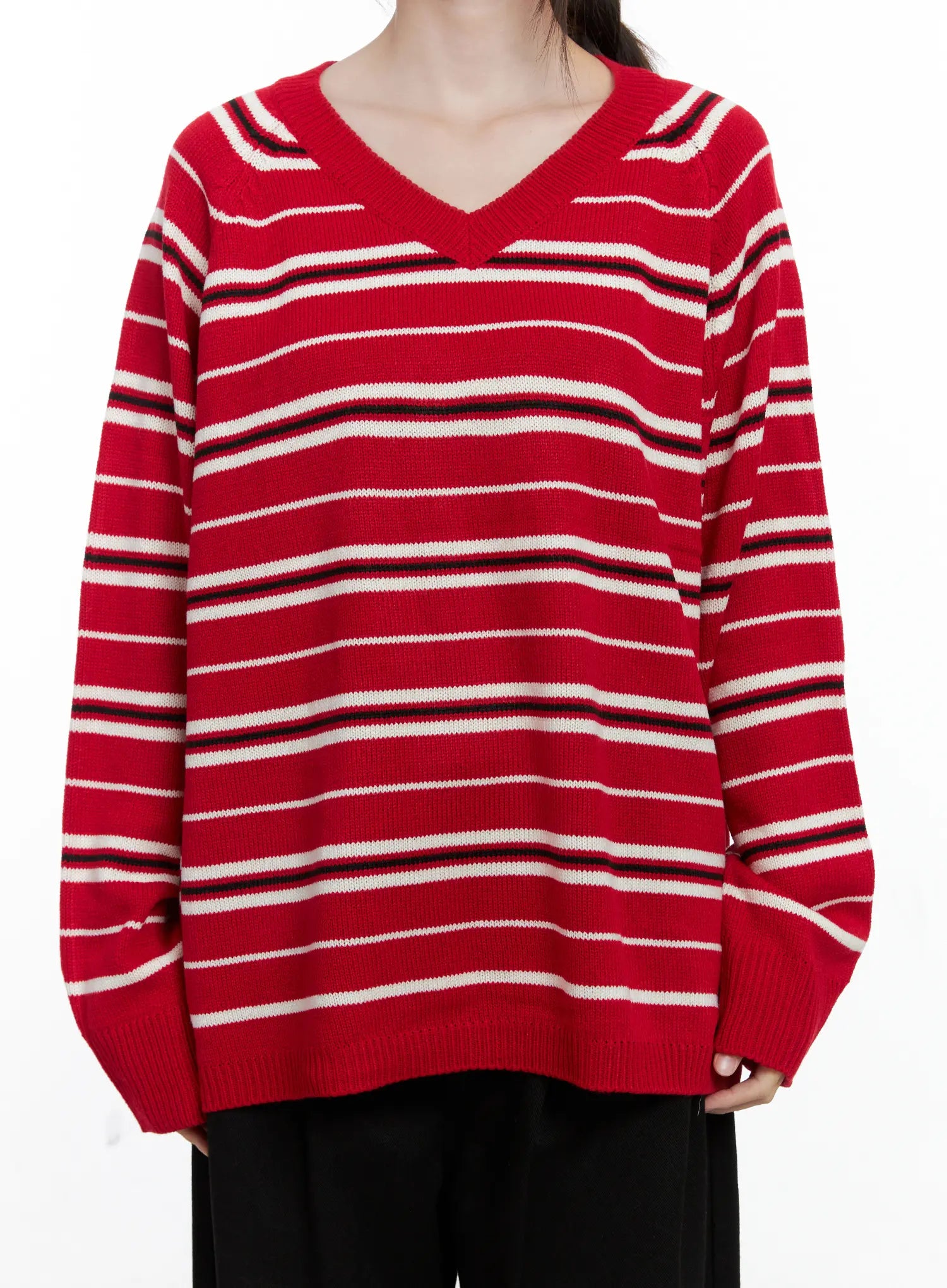 Oversized V-Neck Striped Knit Sweater CO503