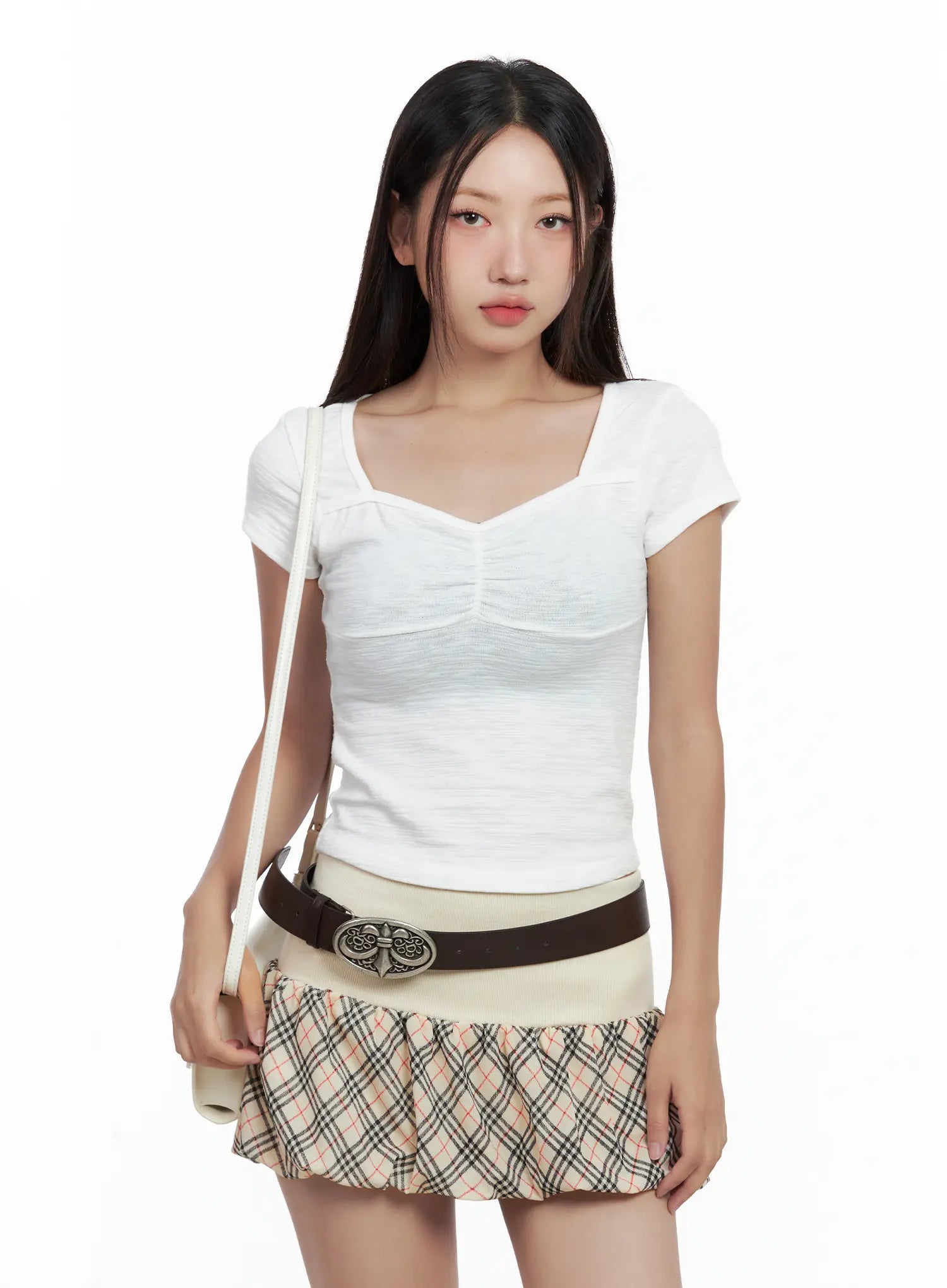 Shirred Sweetheart-Neck Crop Tee CL509