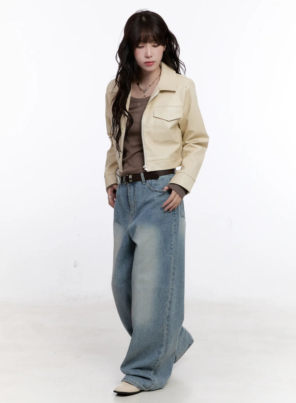 Faux Leather Cropped Zip-Up Jacket CS530