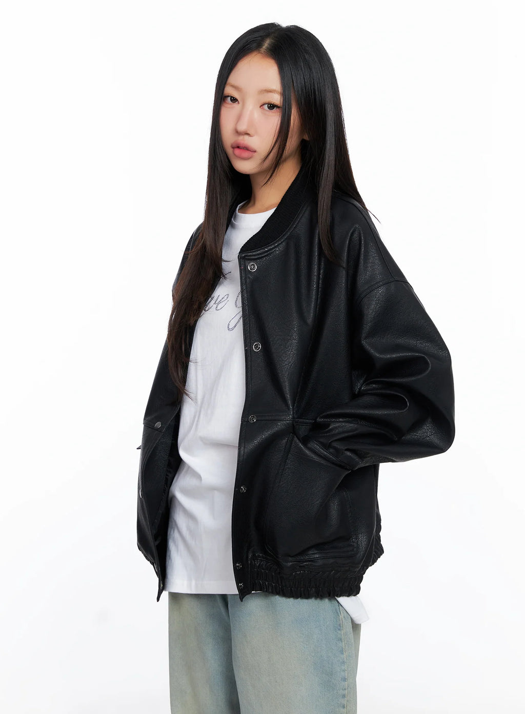 Oversized Faux Leather Baseball Jacket CO515