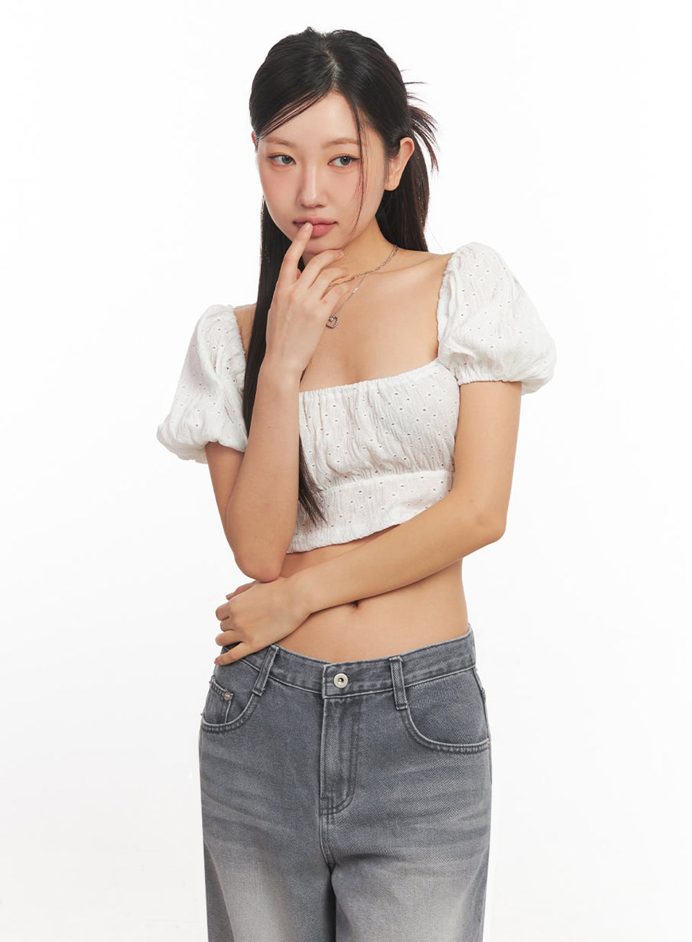 Puff-Sleeve Square Neck Crop Top IA525