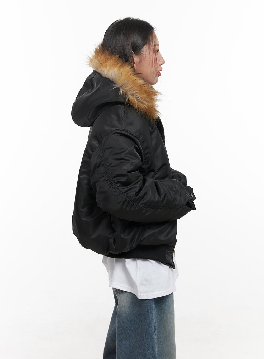 Fur Detail Hooded Bomber Jacket CD411
