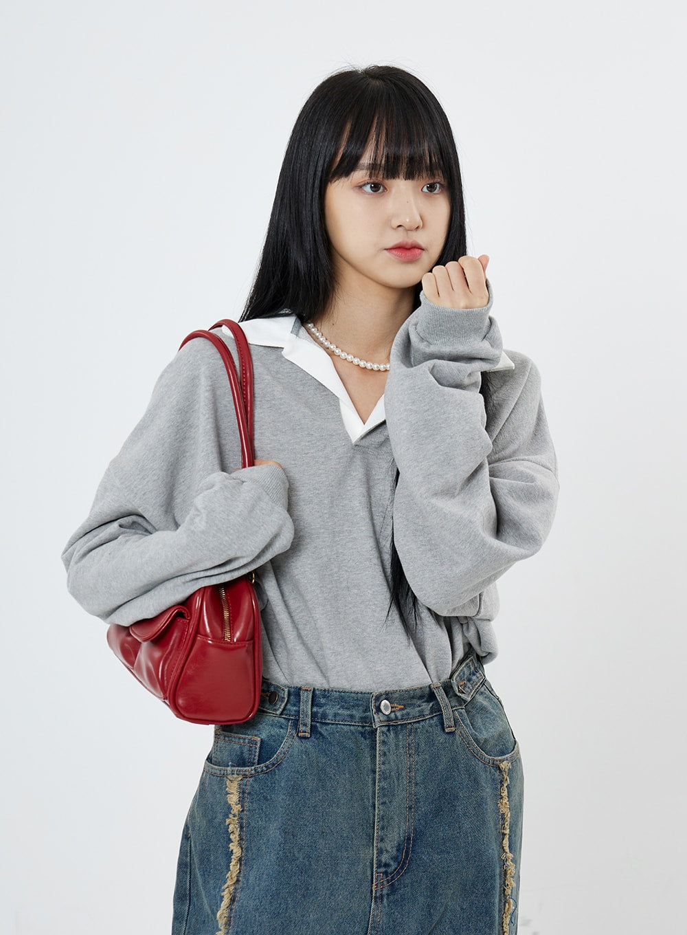 V-Neck Shirt Collar Oversize Sweatshirt OO13