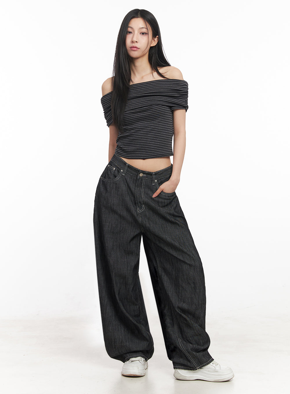 Off-Shoulder Striped Tee IY516