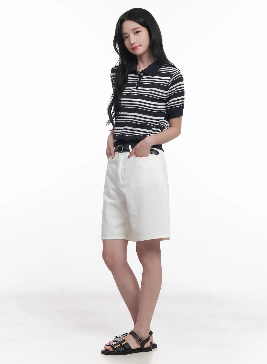 Striped Collared Short-Sleeve Sweater CU525